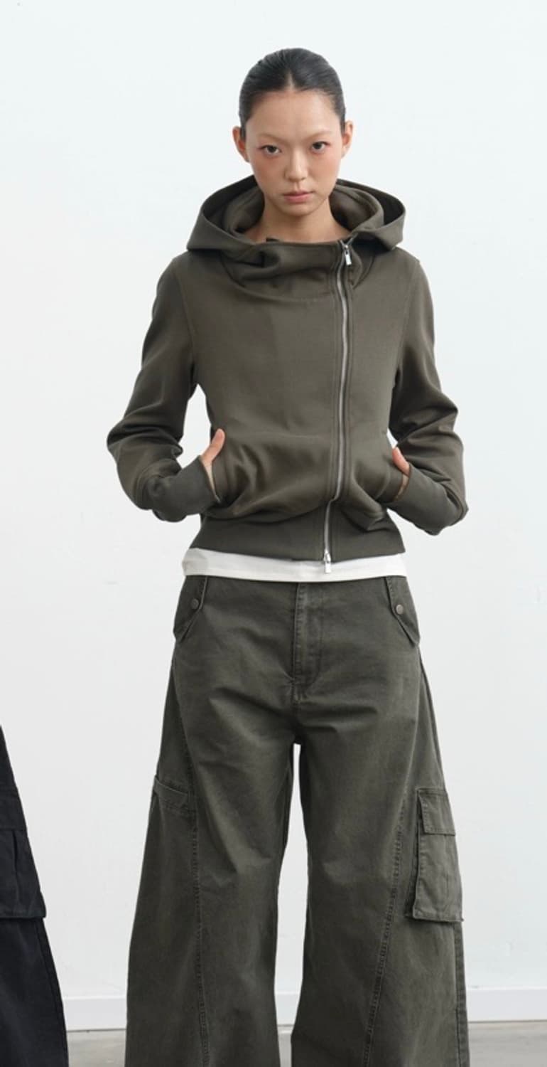 JAKANA 비대칭 지퍼 후드집업 카키 상품이미지2