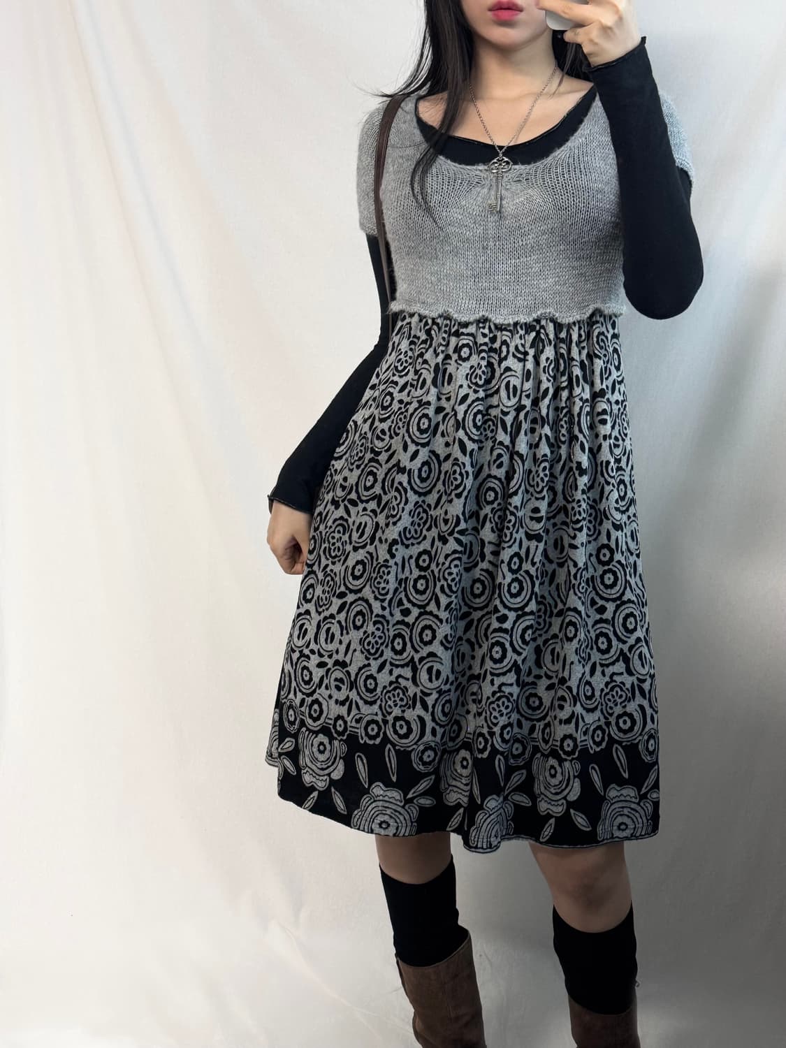 플로럴 니트 글리터 레이어드 원피스 2pcs 상품이미지2