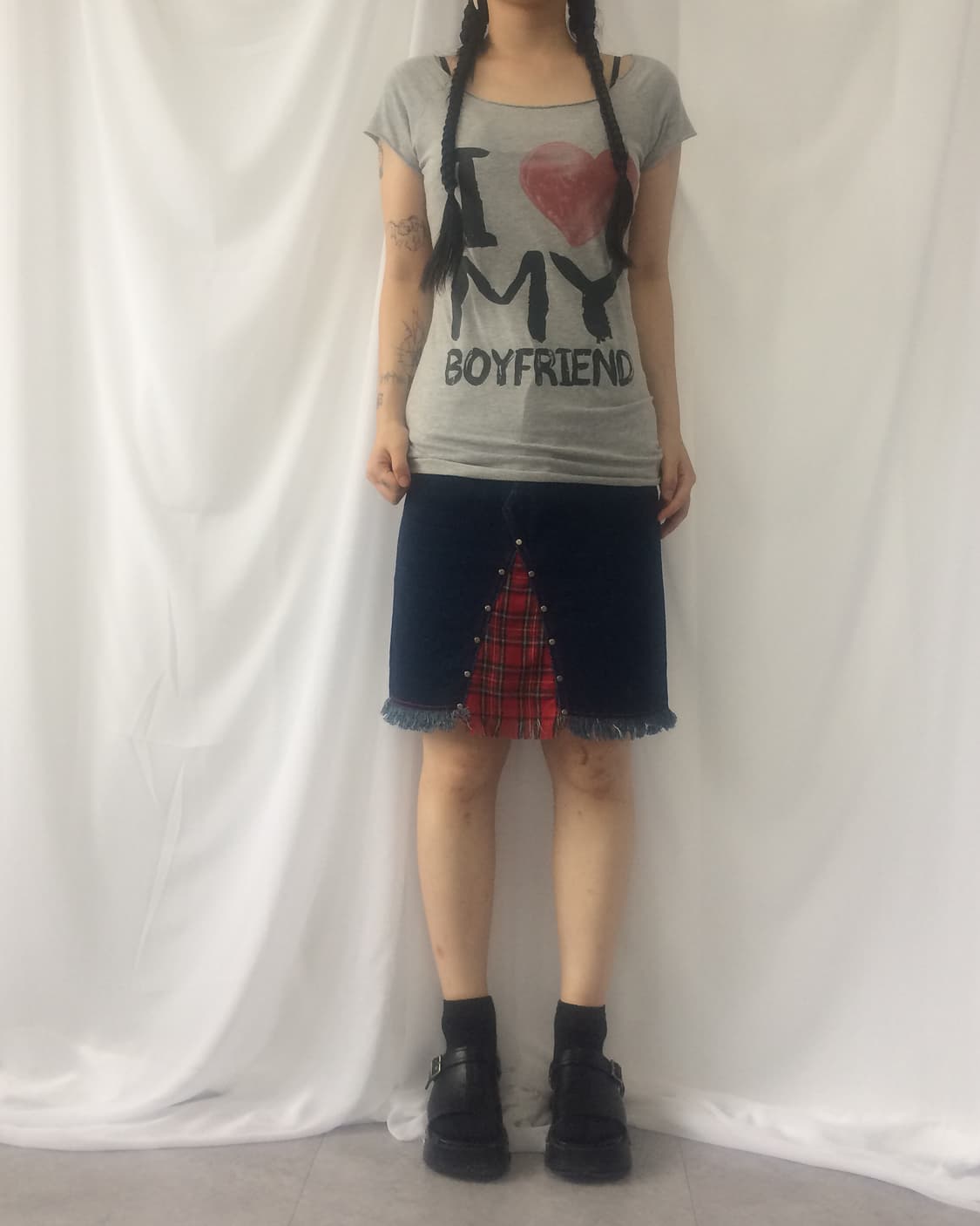 Patch point fringe denim midi skirt 상품이미지6