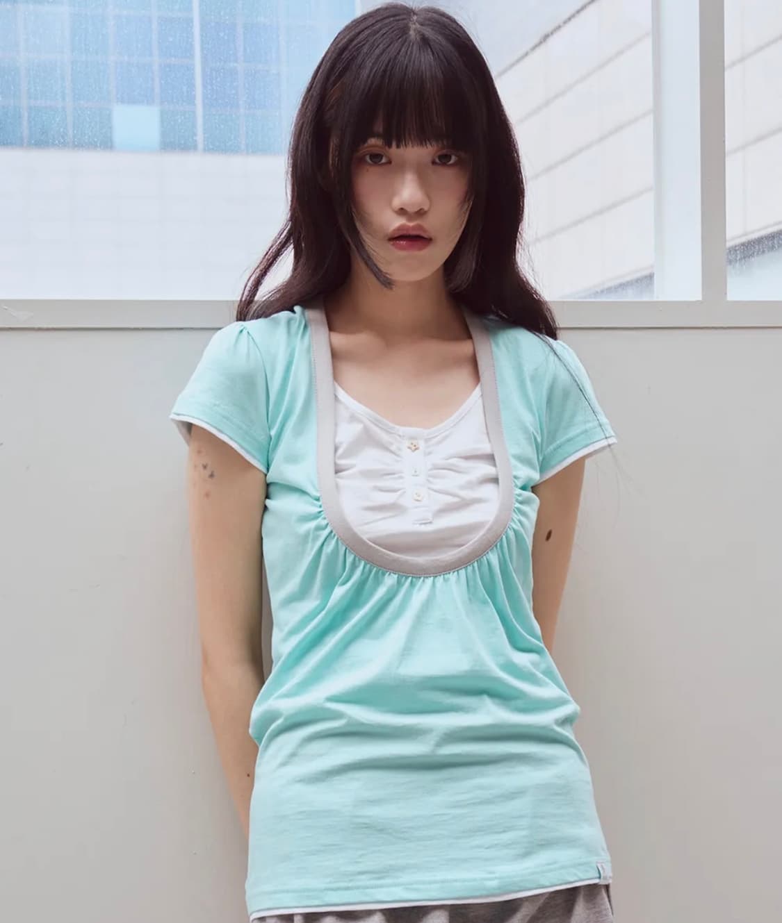 오피쉬 Shirring U neck T-shirts, Mint 상품이미지1