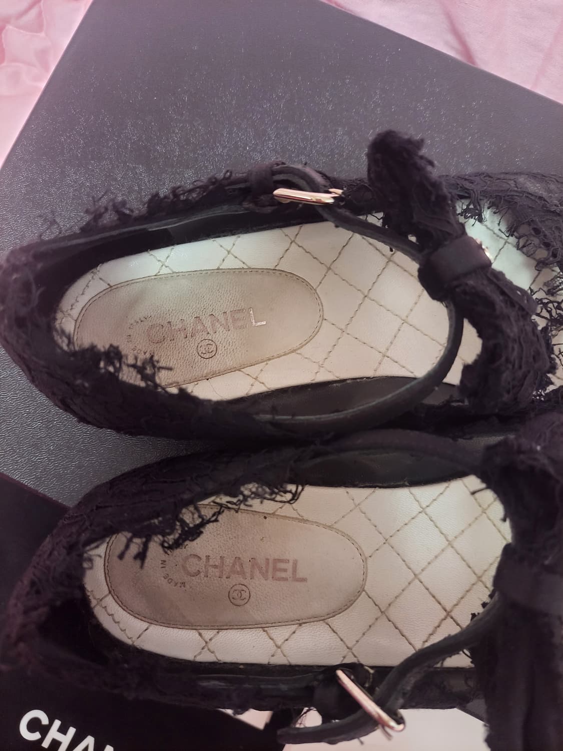 정품)급처상태양호!샤넬 로고 리본레이스 메리제인 스트랩 플랫슈즈 공주구두 상품이미지6