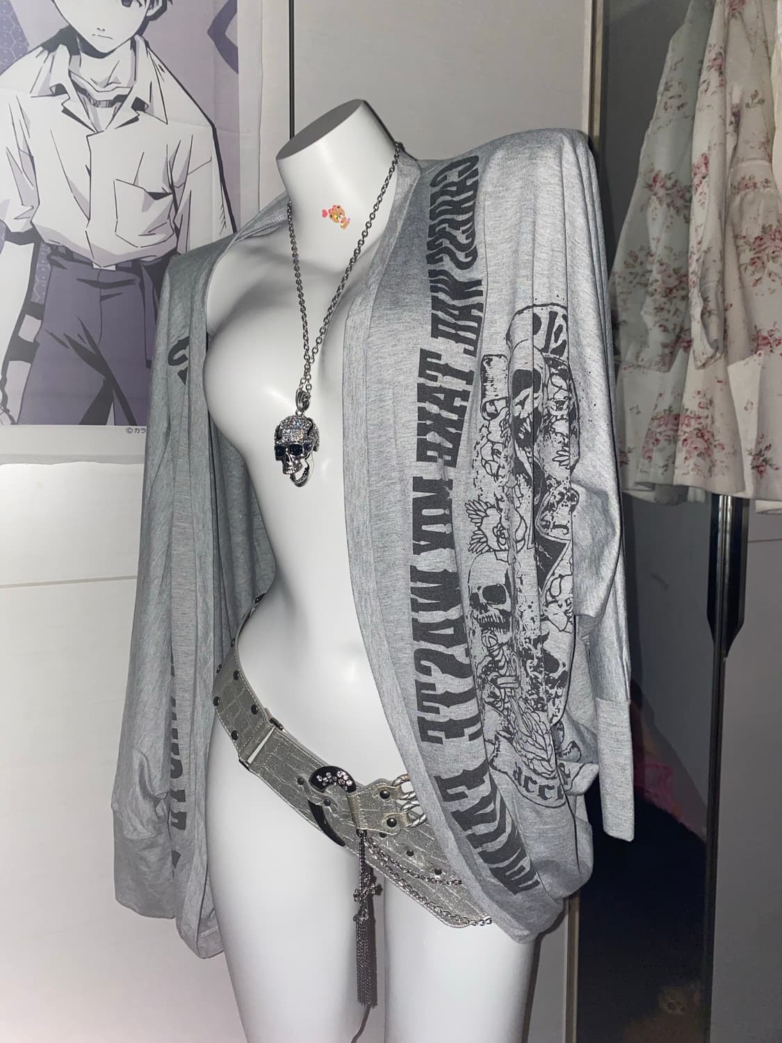 빈티지 펑크 해골 그레이 가디건/y2k 고스 스컬 일본  상품이미지1