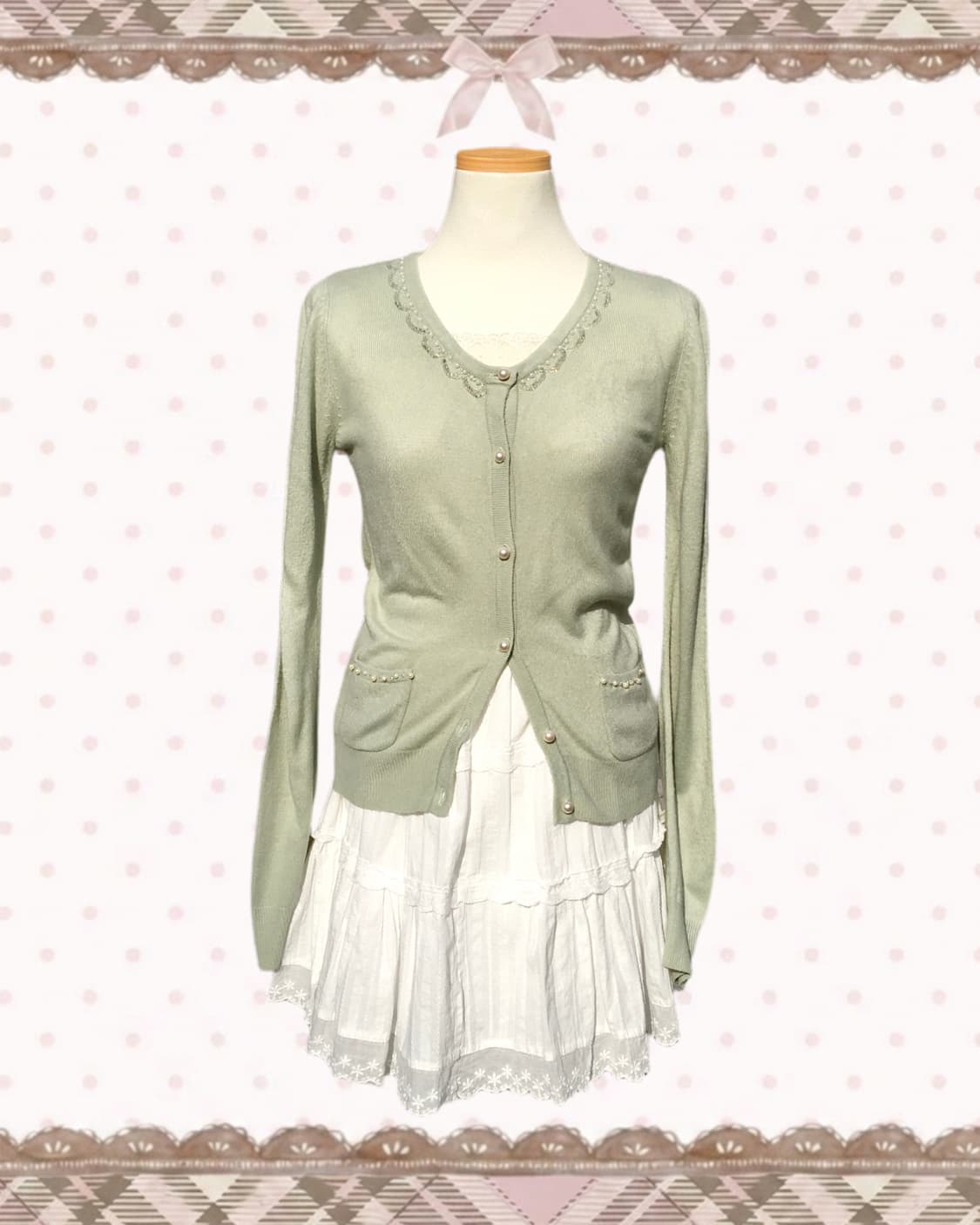 말차라떼 진주 비즈 가디건 상품이미지1