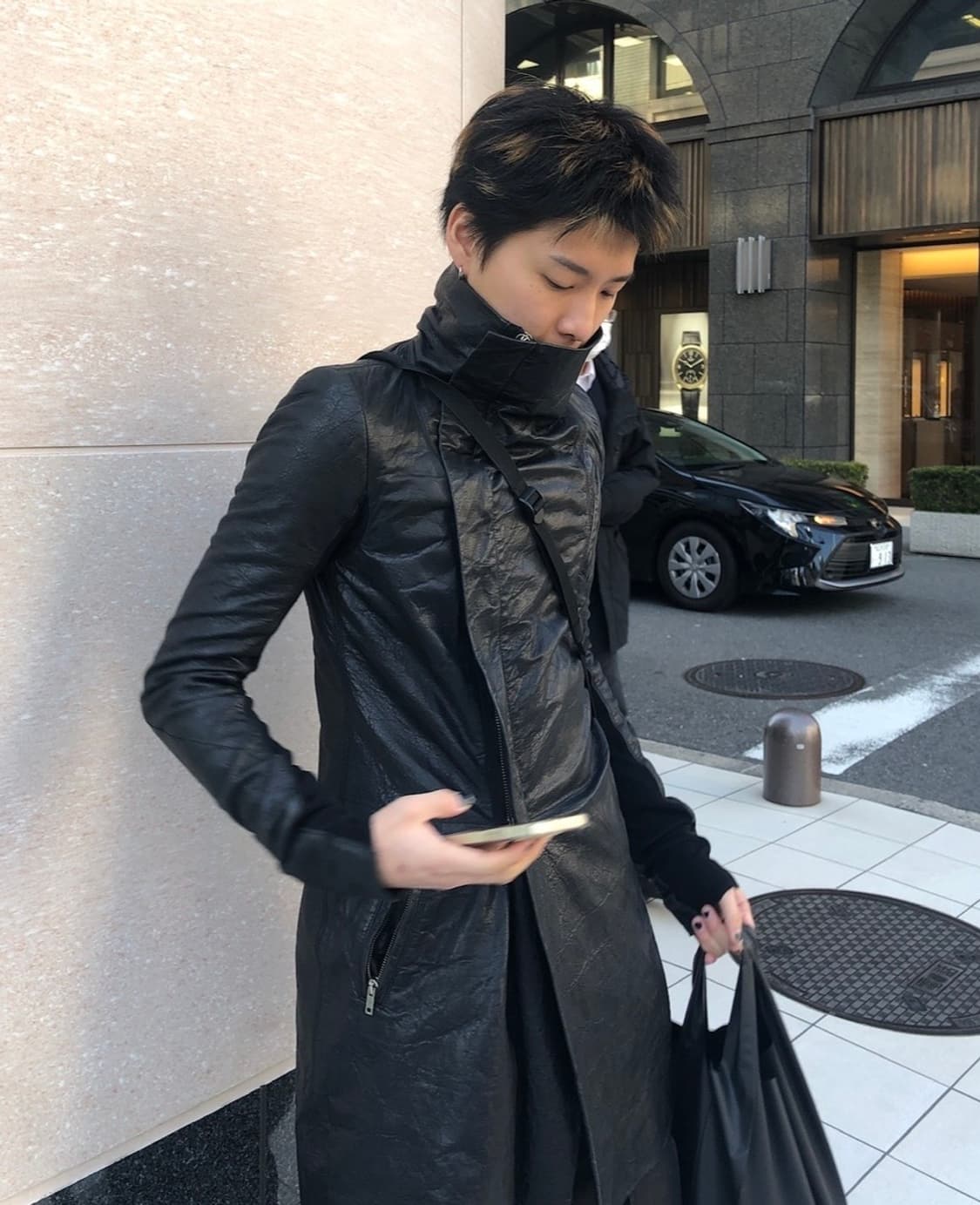 릭오웬스 사선 하이넥 레더코트 상품이미지1