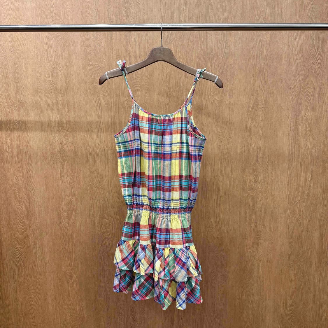 폴로 랄프 로렌 멀티 체크 슬리브리스 원피스 셔링 허리 밴딩 프릴 디테일 상품이미지2