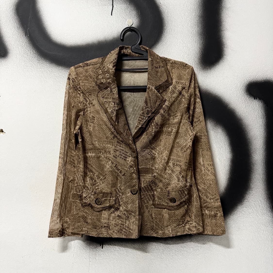 VTG 빈티지 뉴스페이퍼 레터링 패턴 시스루 블라우스 자켓 상품이미지1