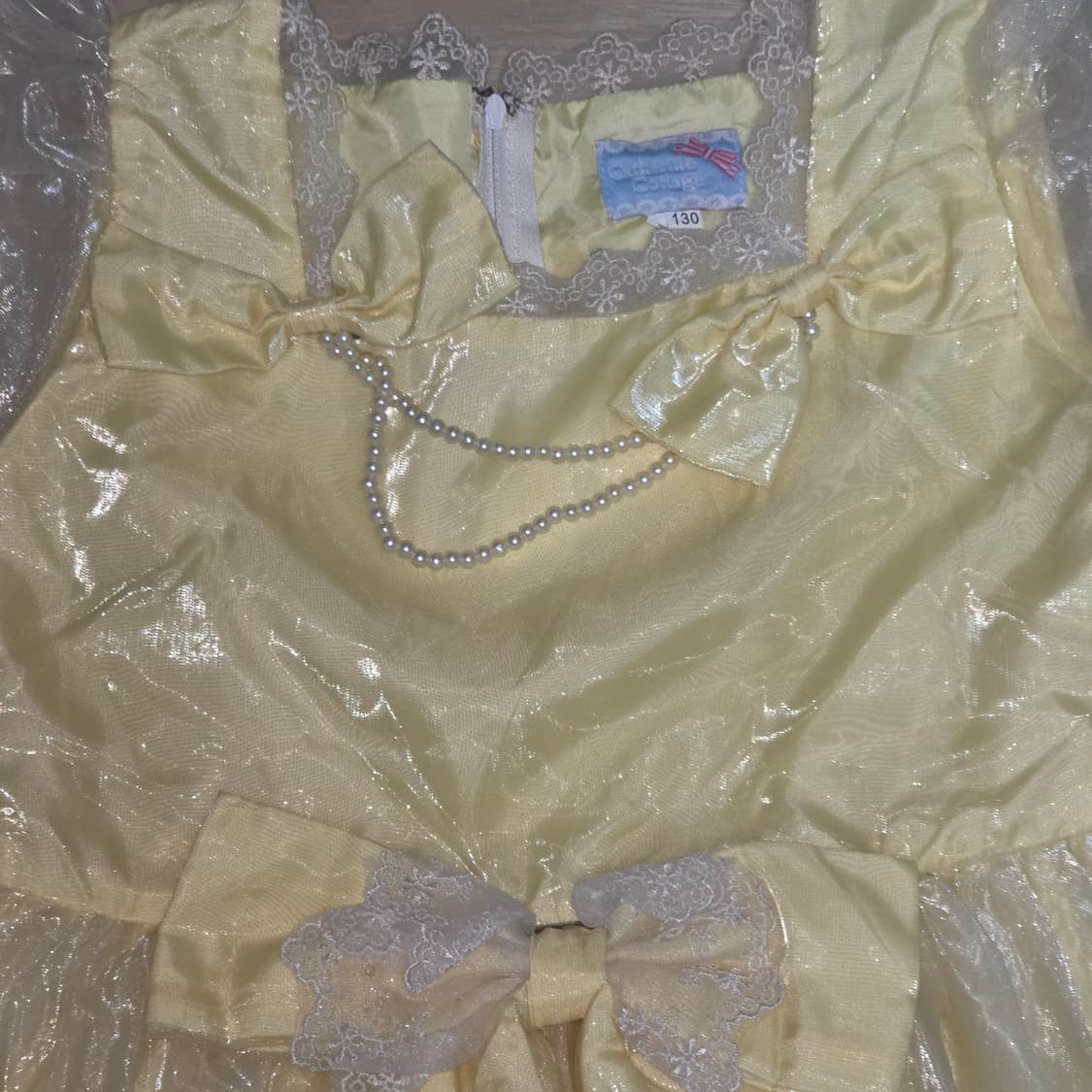 일본빈티지) 노란색 아동 130 size 공주풍 리본진주레이스 파티드레스 상품이미지3