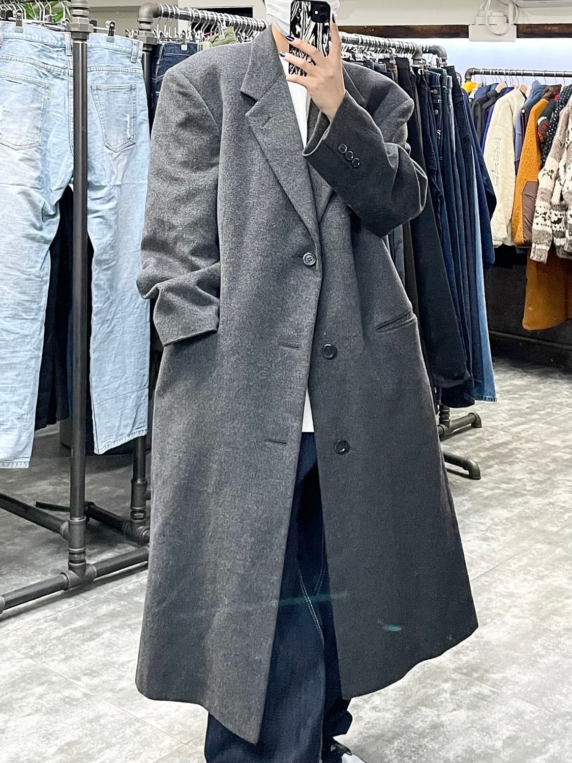 랑방 챠콜 울 모직 롱 코트 상품이미지1