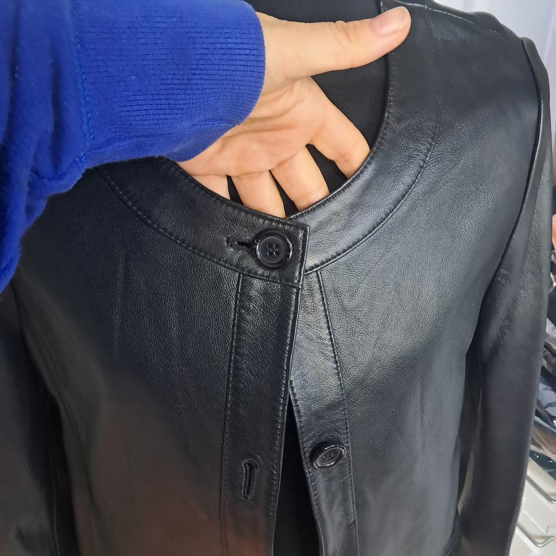 로보 블랙 가죽 노카라 양가죽자켓 55~66 상품이미지5