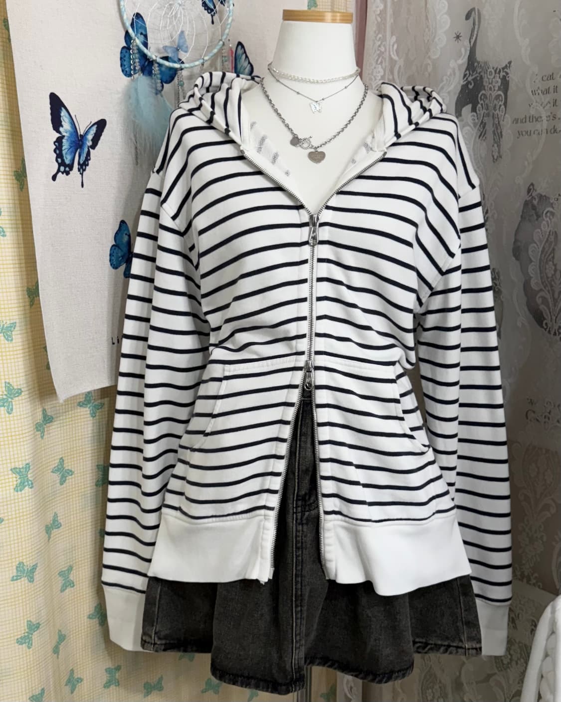 화이트 & 블랙 스트라이프 투웨이 후드 집업 상품이미지7