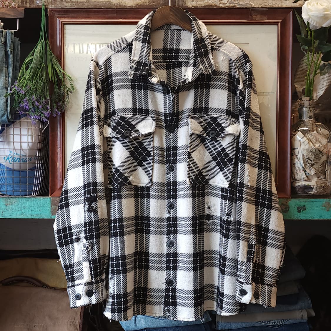 90s 빈티지 체크셔츠 헤비 플란넬 워크셔츠 데미지 블랙앤화이트 xl 상품이미지1