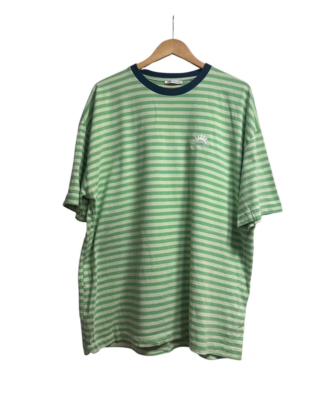 자라(ZARA) 그린 스트라이프 링거 반팔 티셔츠 XL size 상품이미지1