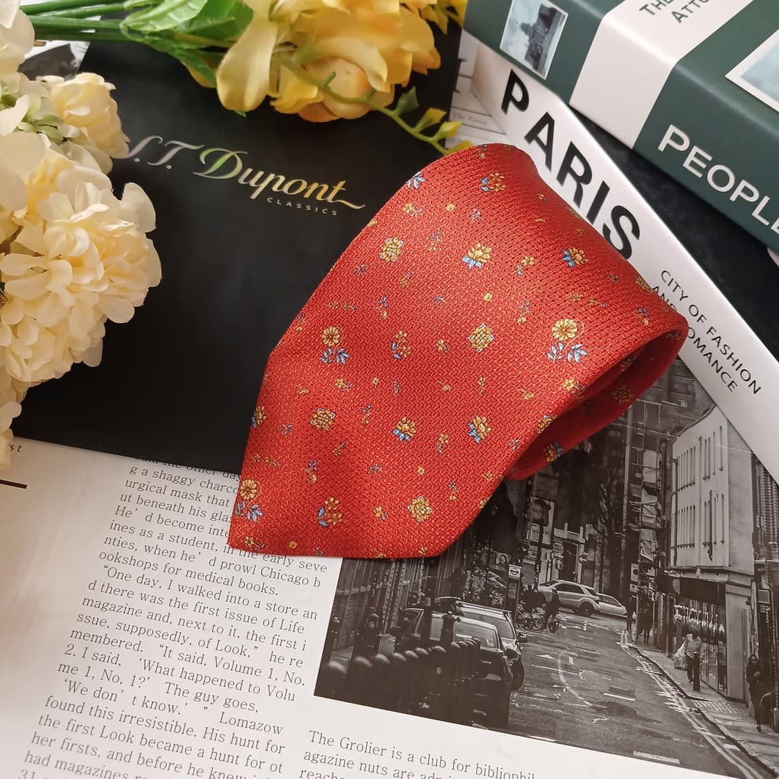 에스.티. 듀퐁 실크 오렌지 플라워 패턴 넥타이 9cm A등급 E883
 상품이미지7