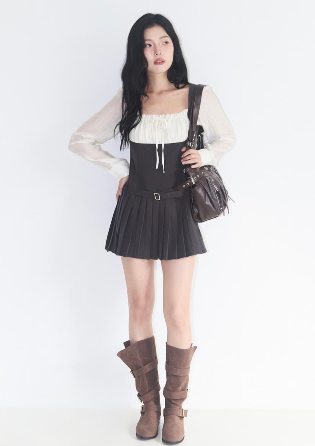 일리고 프레피 리본 플리츠 원피스 차콜 s 상품이미지1