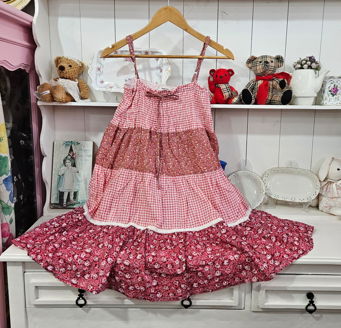 no0327핑크 깅엄 플라워 패치워크 원피스 상품이미지1