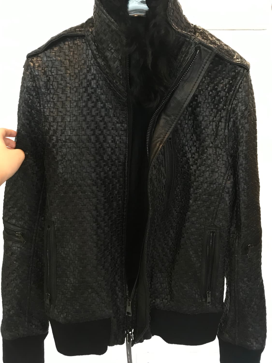 Woven Fur-Collar Leather Moto Jacket 상품이미지4