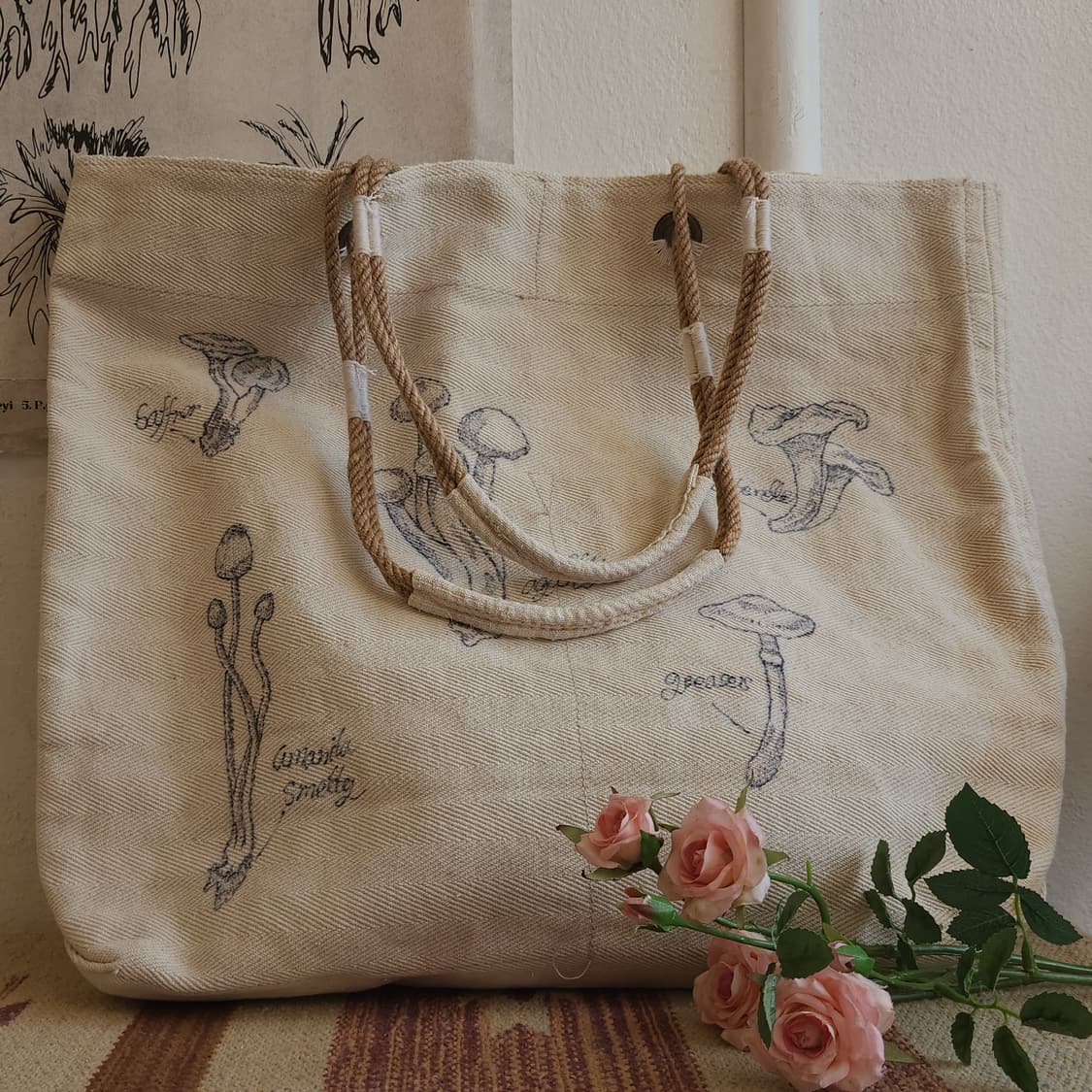 핸드 드로잉 빅토트 캔버스 빈티지 더플백 리메이크 화이트 머쉬룸 상품이미지6