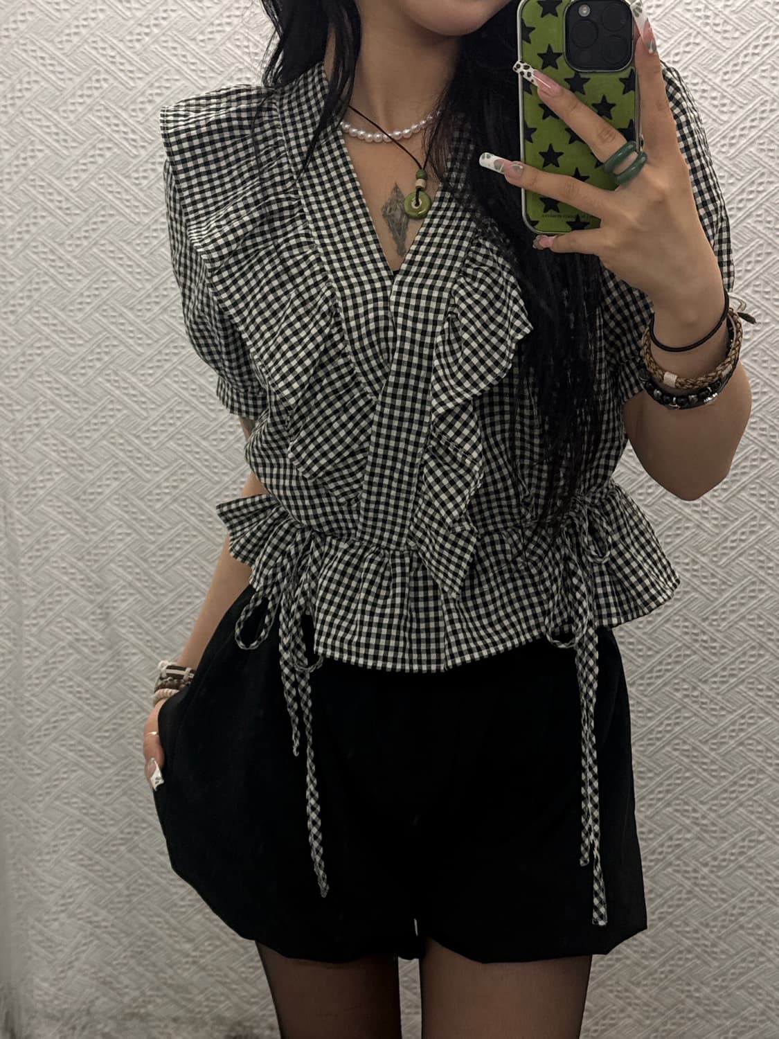 빈티지 러블리 더블리본 프릴 깅엄체크 반팔 블라우스 K0156 상품이미지1