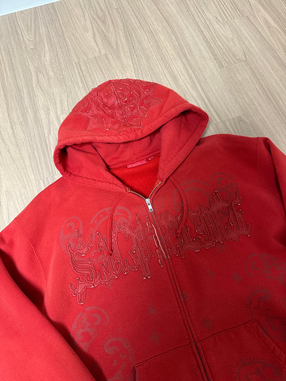 슈프림 레더 아플리케 집업 후드 스웨트셔츠 번트 레드 XL 상품이미지2