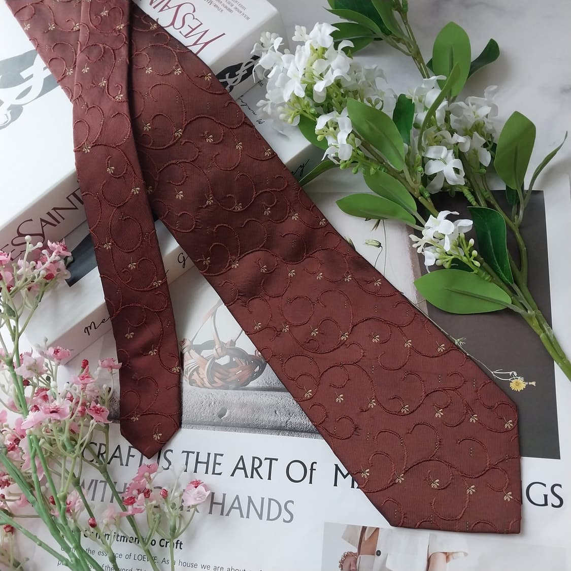 입생로랑 실크 브라운 자수 패턴 넥타이 9.7cm A+등급 K1779
 상품이미지4