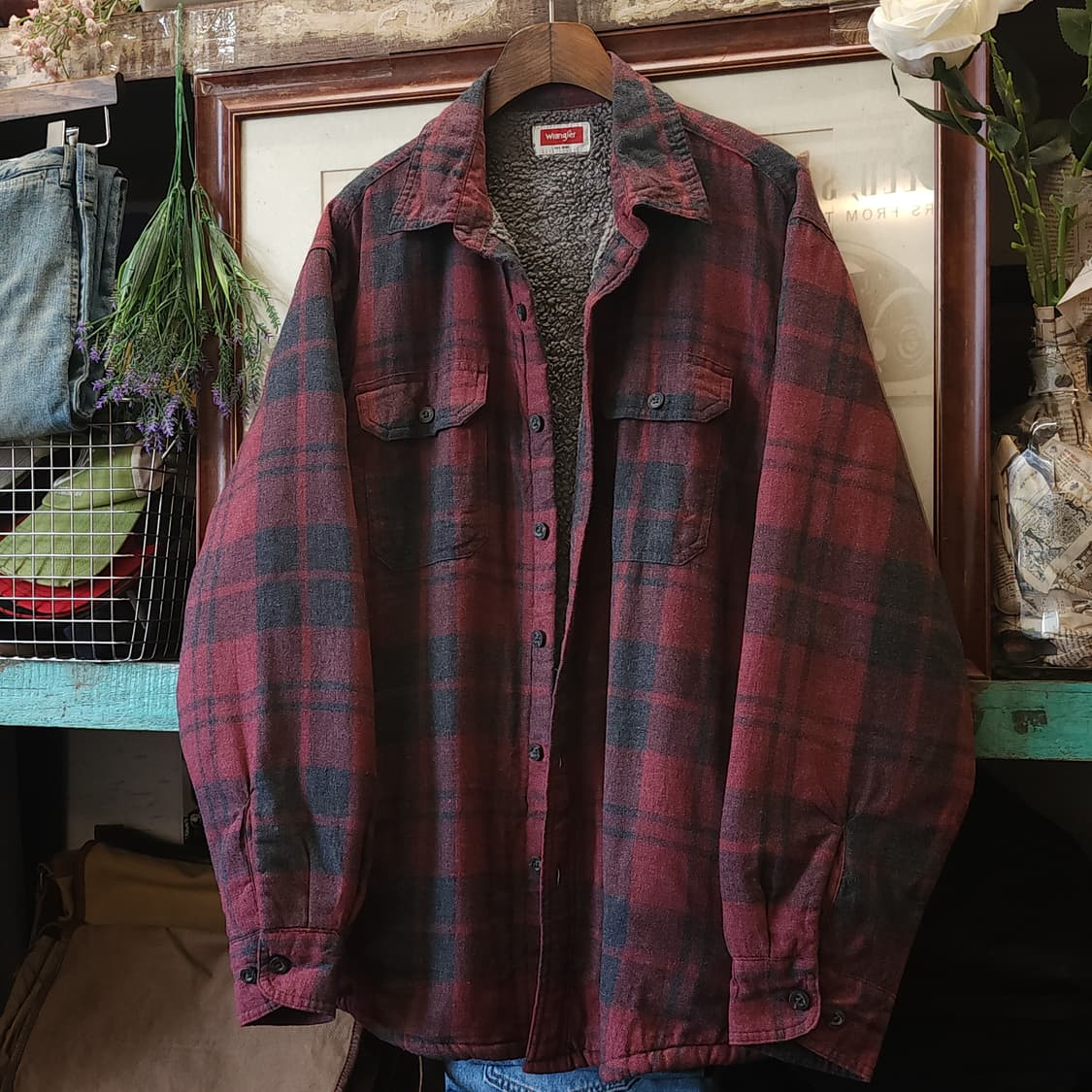 00s 랭글러 웨스턴 셔츠 쉐르파 양털 자켓 플란넬 셔츠 빈티지 레드 L 상품이미지1