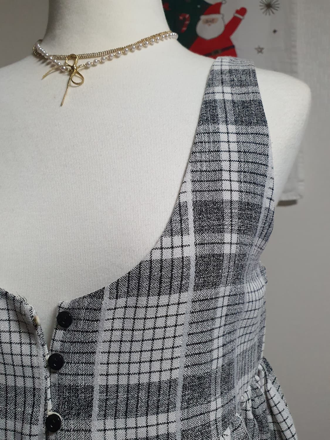 [빈티지] 원더플레이스 체크 레이어드 원피스 블랙 버튼 민소매 상품이미지2