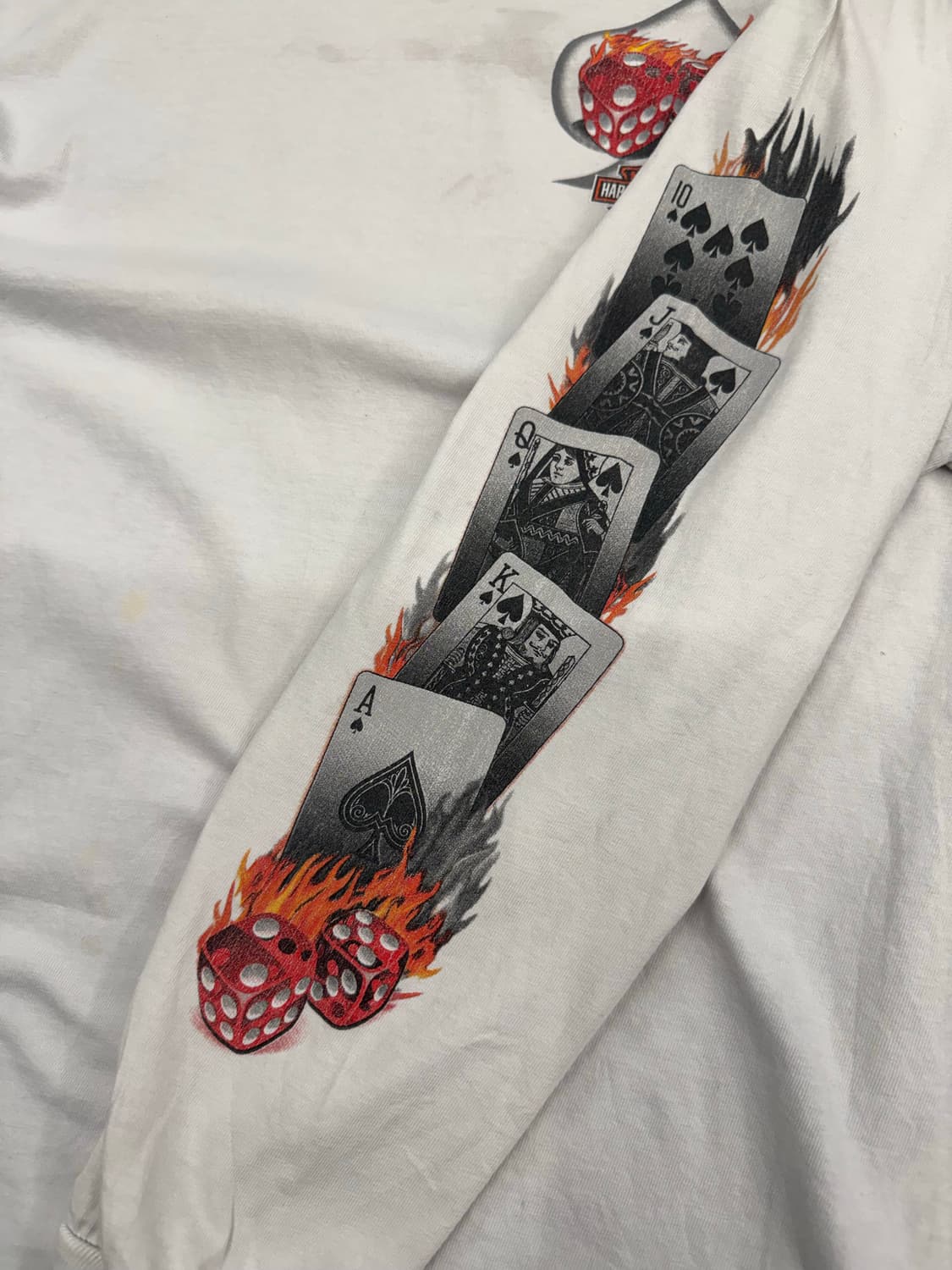 M)00’s할리데이비슨 빈티지 플레임 다이스 프린팅 화이트 롱슬리브(오염 상품이미지4