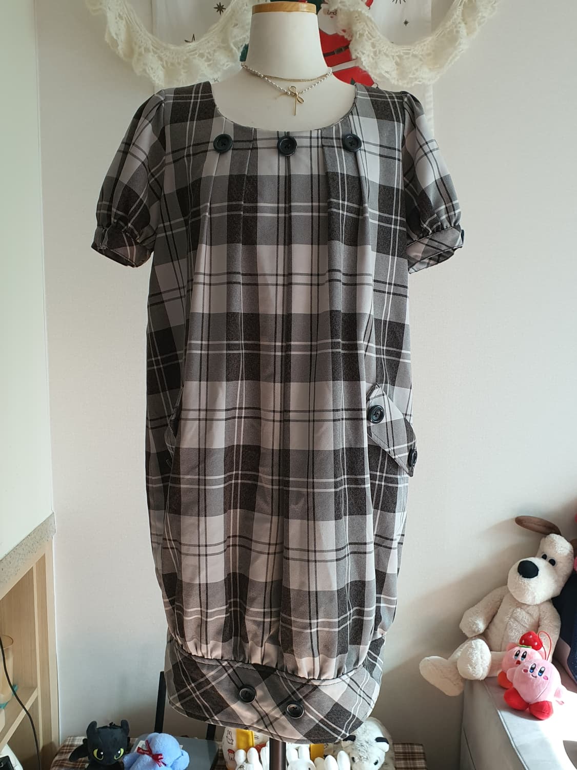 [모리걸] 체크무늬 반팔 벌룬 원피스 상품이미지1