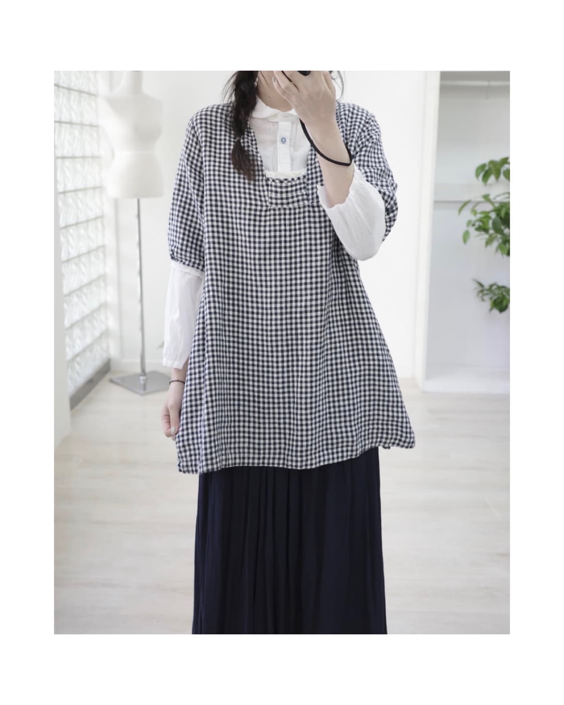 Check square neck blouse 상품이미지1