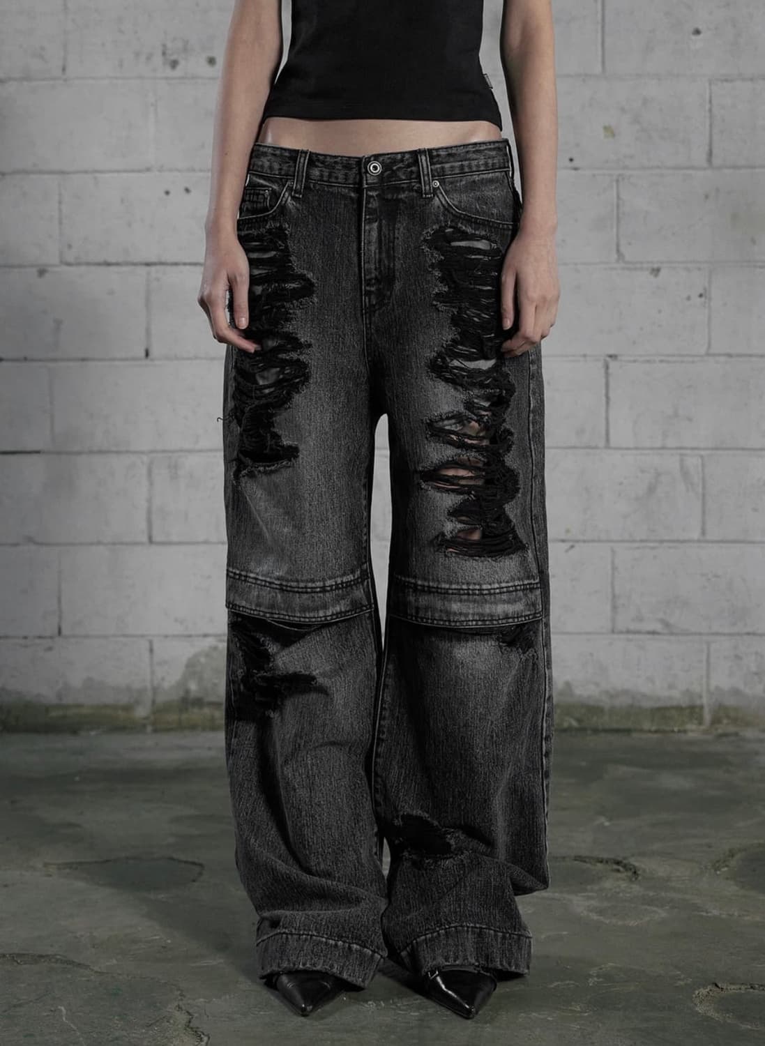 니 오픈 립트 와이드 데님팬츠 그레이 상품이미지1