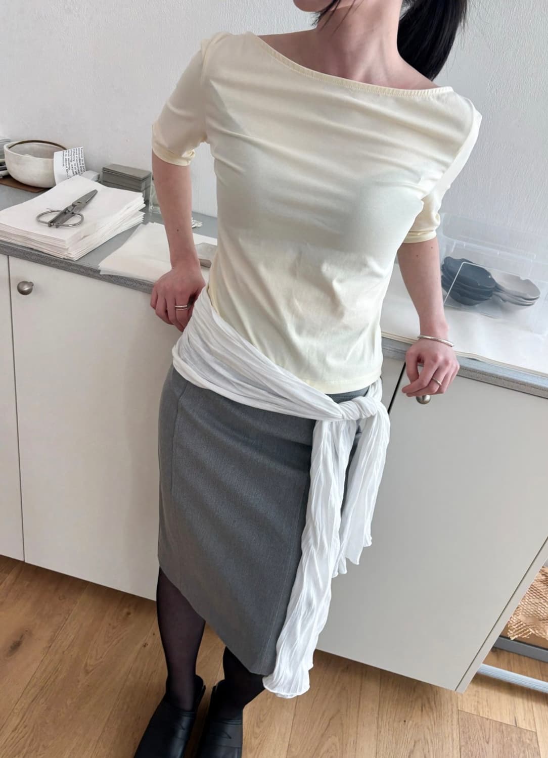 BREEZE ARCHIVE 보트넥 하프 슬리브 티셔츠 - 버터 상품이미지1