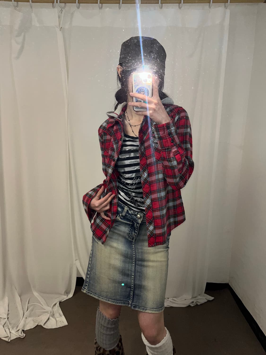 kissmark 00‘s 펑크 체크 후드 셔츠 상품이미지1