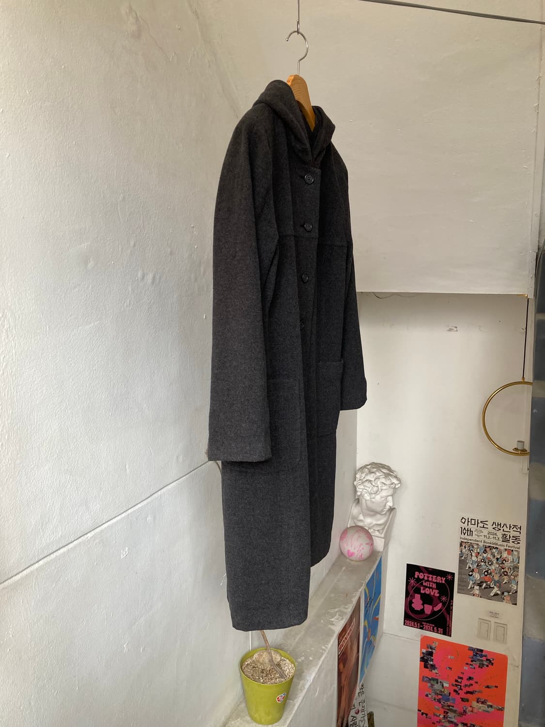 울 캐시미어 다크그레이 후드 코트 상품이미지4