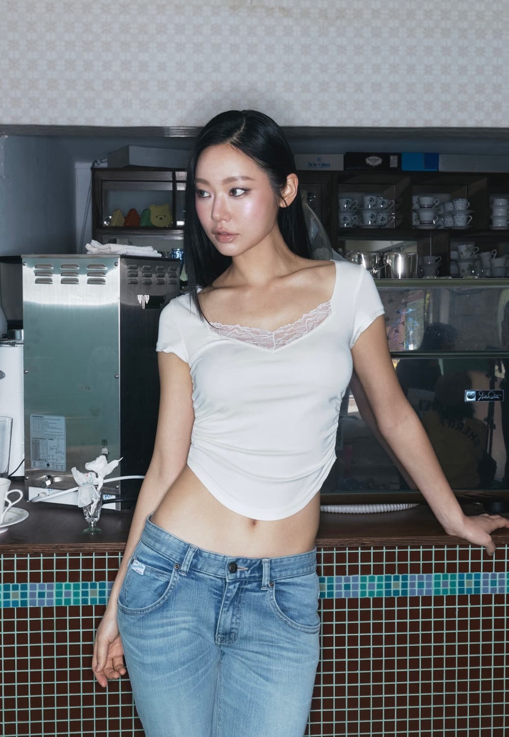 플노팔 베라 레이스 셔링 탑 반팔 아이보리 상품이미지5