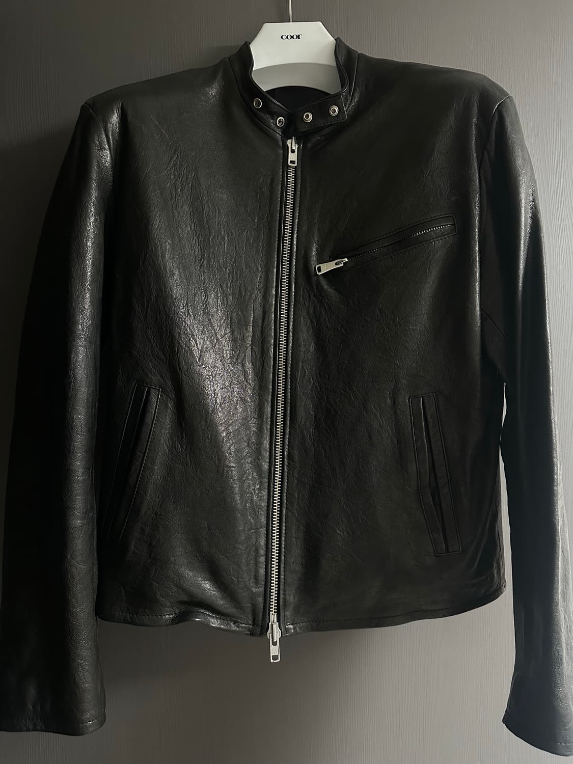 쿠어 램스킨 엠보 워시드 트리밍 바이커 자켓(블랙) 상품이미지1