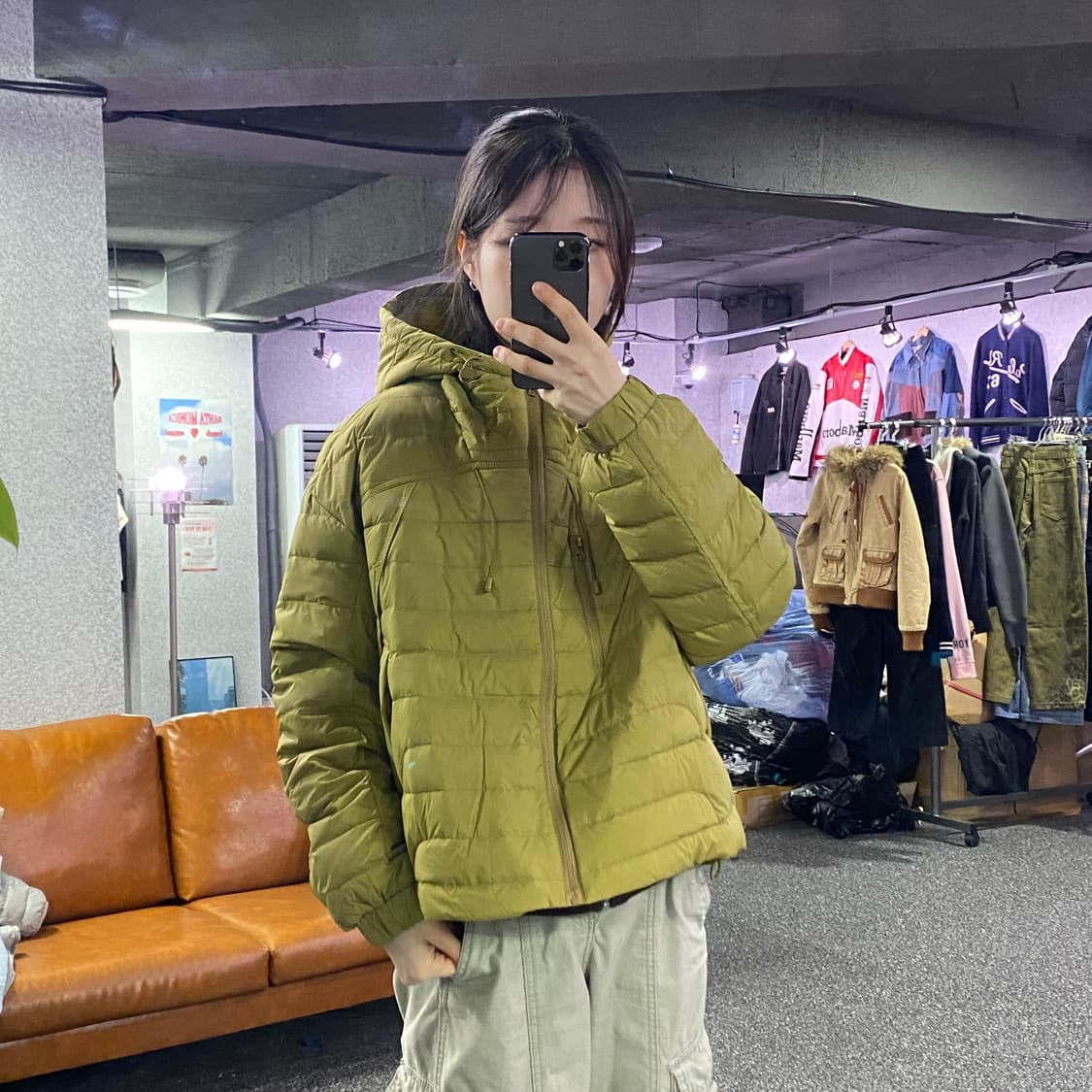 빈티지 후디 스트링 카키 경량패딩 B3269 상품이미지1