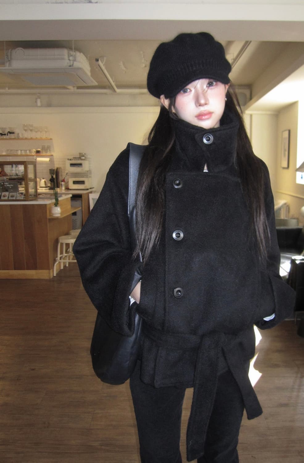 모디무드 Paris 하프 리본 더블 코트 블랙 상품이미지1