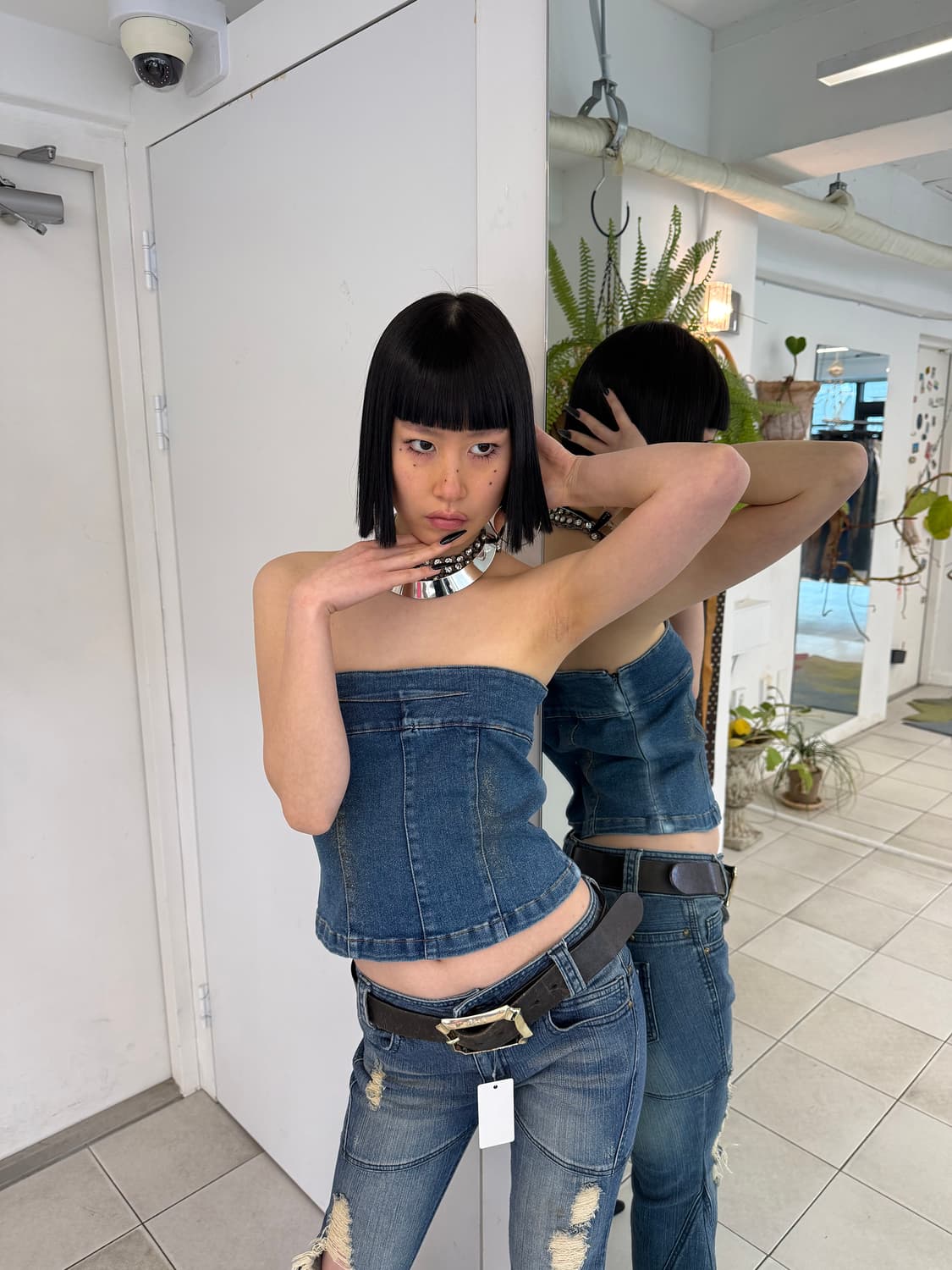 gold spray denim tube top 상품이미지1