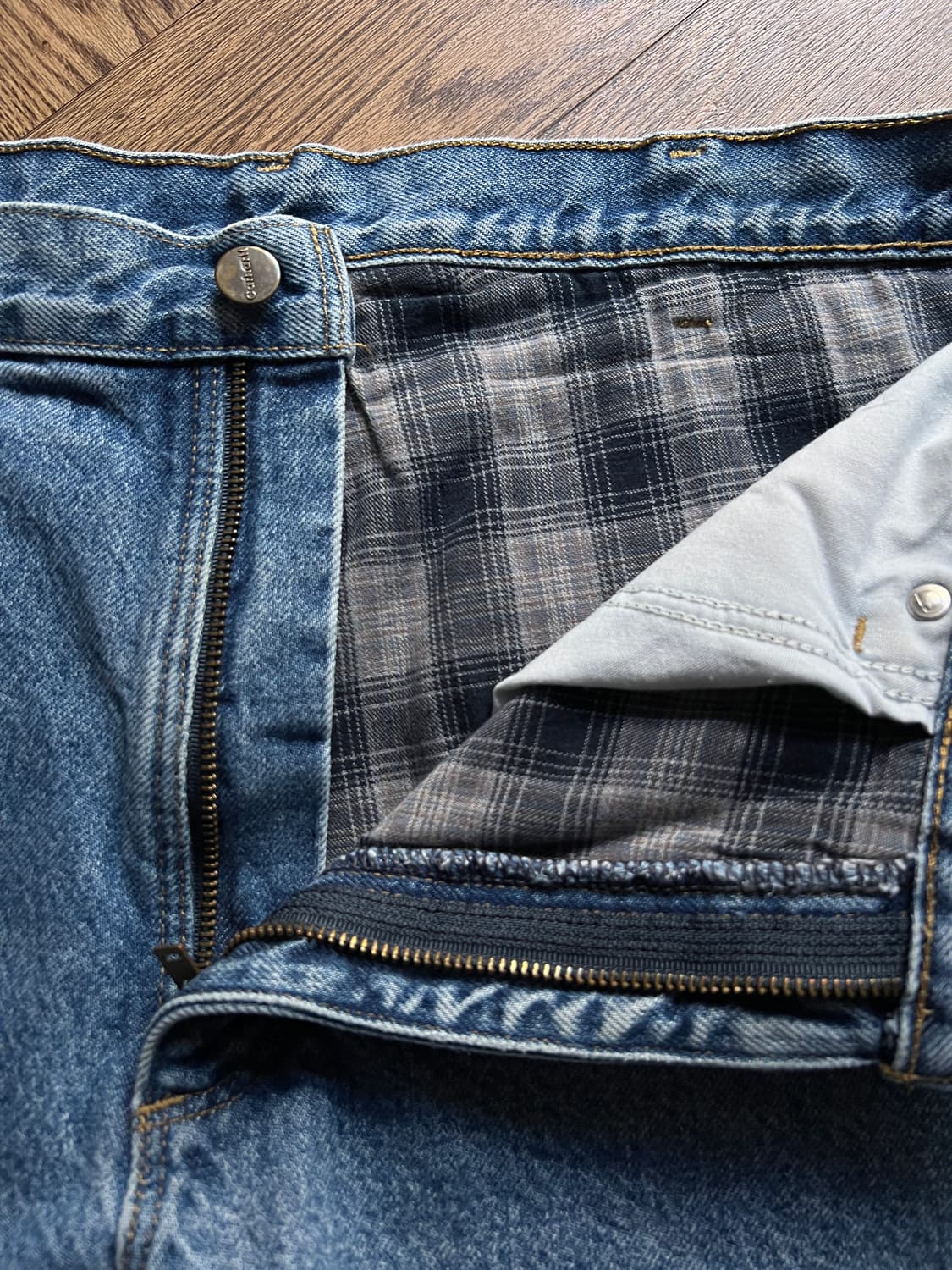 [36]칼하트 USA 체크 라이닝 빈티지 워싱 워크 데님 팬츠 상품이미지3