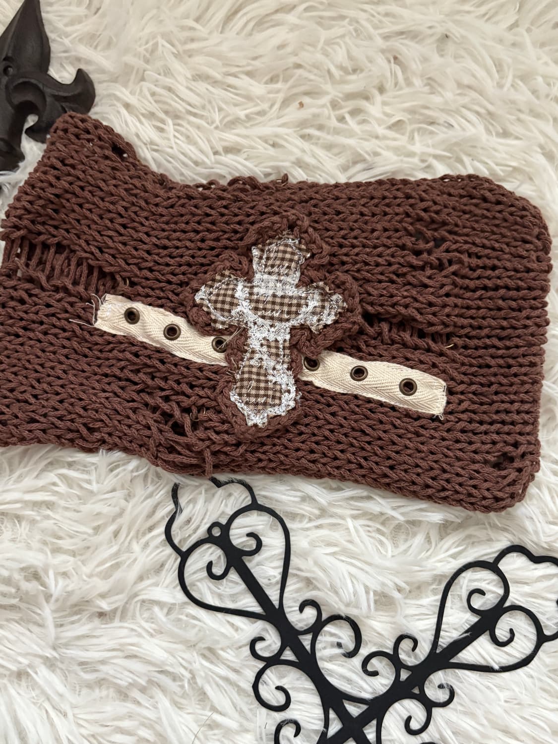 • hurtmade Brown Crochet Cross Damage Ha 상품이미지2