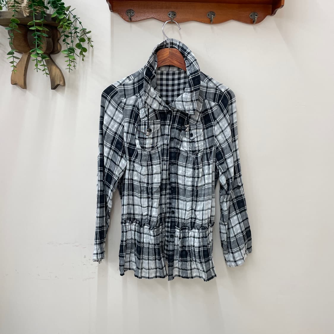 체크 패턴 허리 스트링 롱 셔츠 상품이미지2