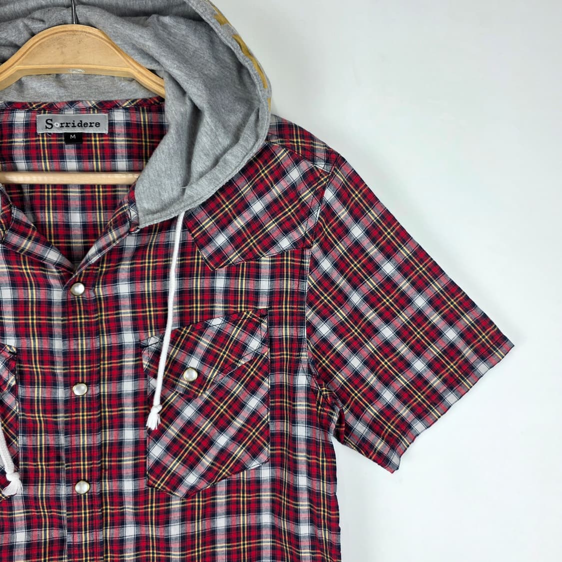 레드체크 후드 반팔남방 상품이미지3