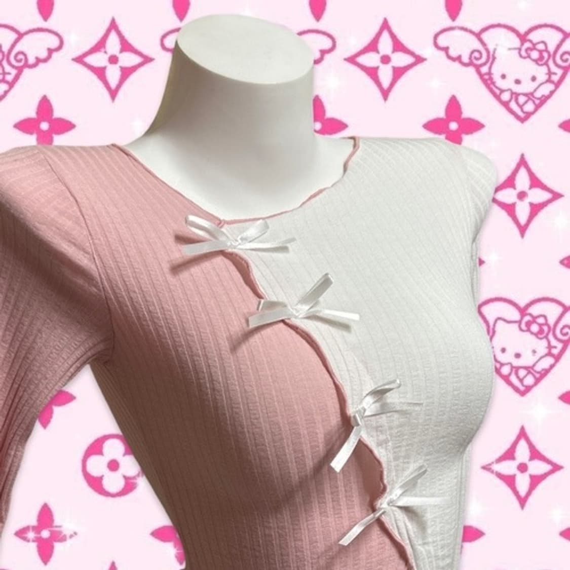 Half pink & white ribbon crop top 상품이미지7