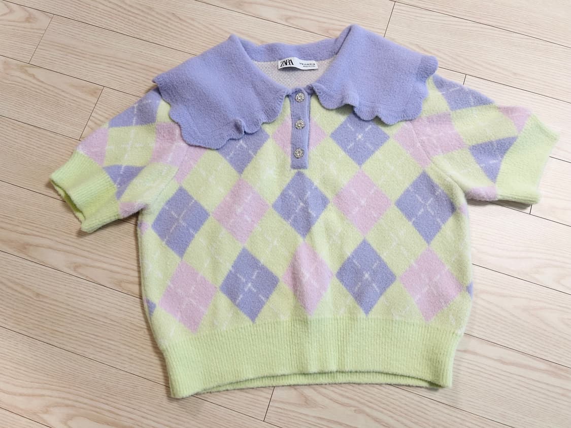 자라 보석단추 아가일 반팔 니트 상품이미지1