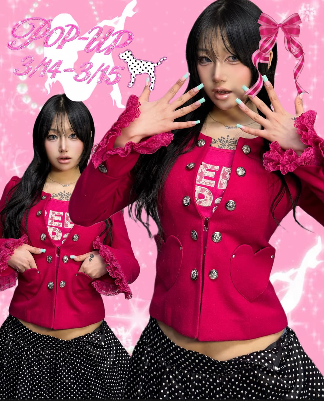 갸루 큐빅 하트포켓 디테일 나폴레옹 자켓  상품이미지1