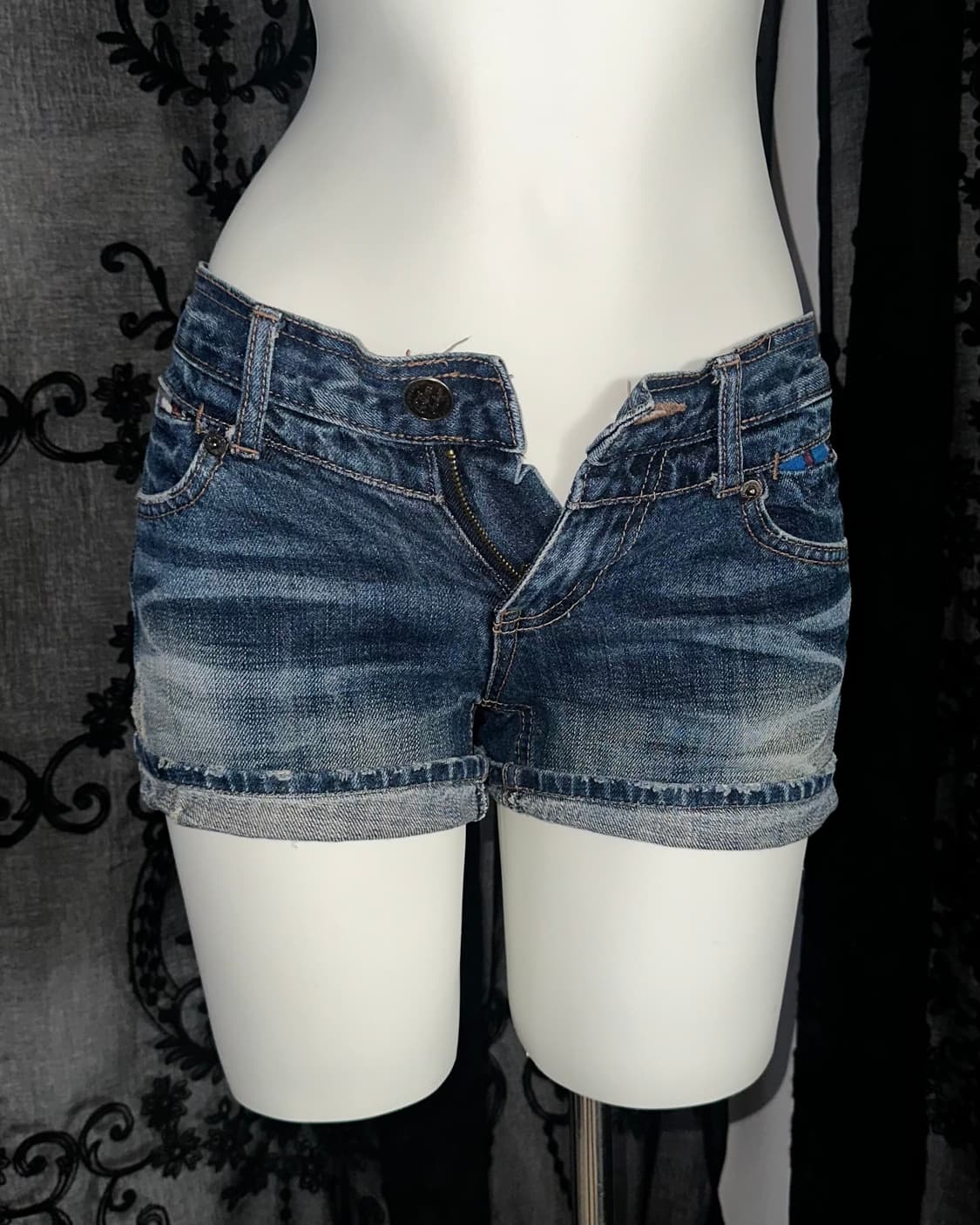 blue washed plaid trim denim shorts 상품이미지2