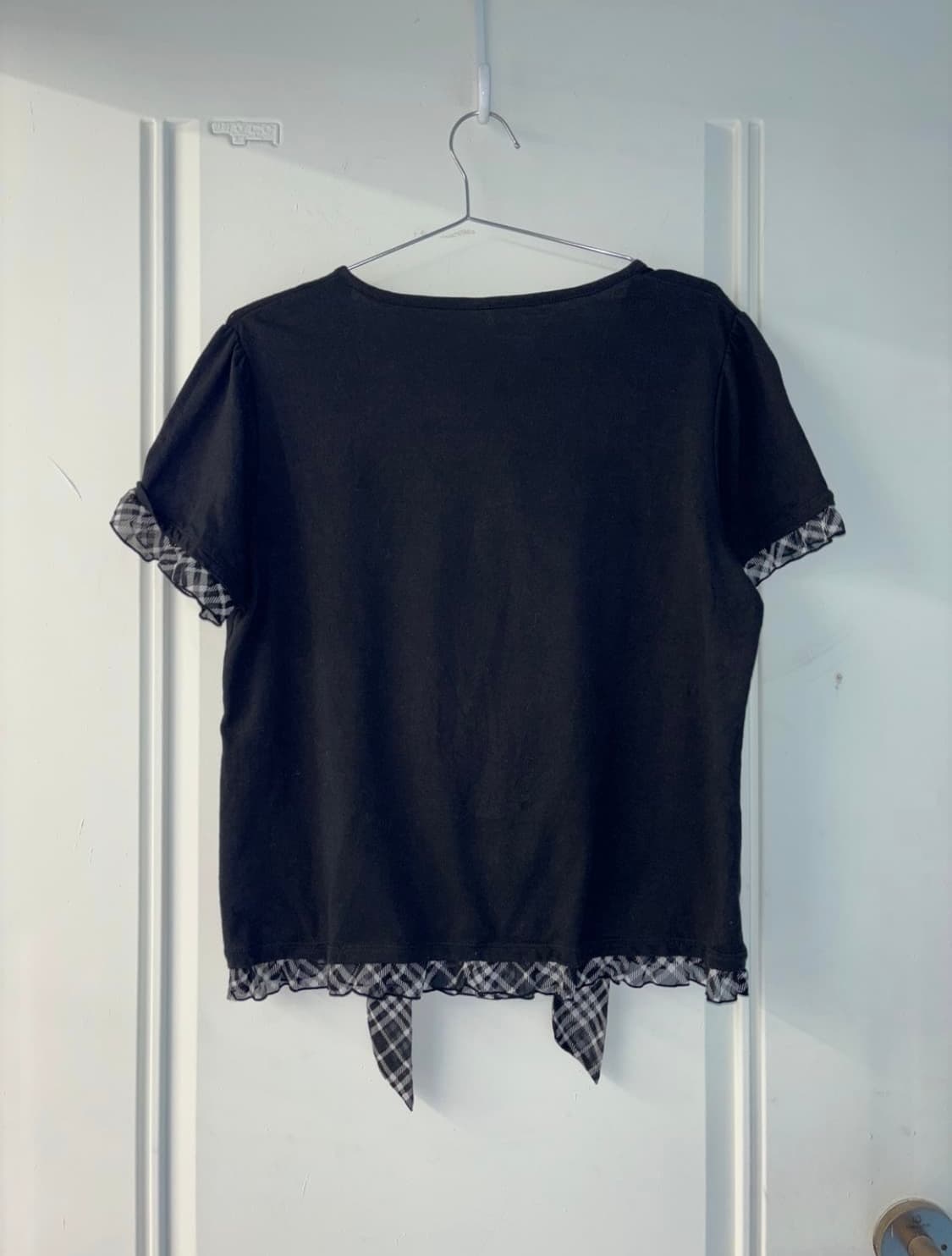 일본빈티지 모리걸 블랙 체크 프릴 레이어드 반팔 티셔츠 블라우스 상품이미지2