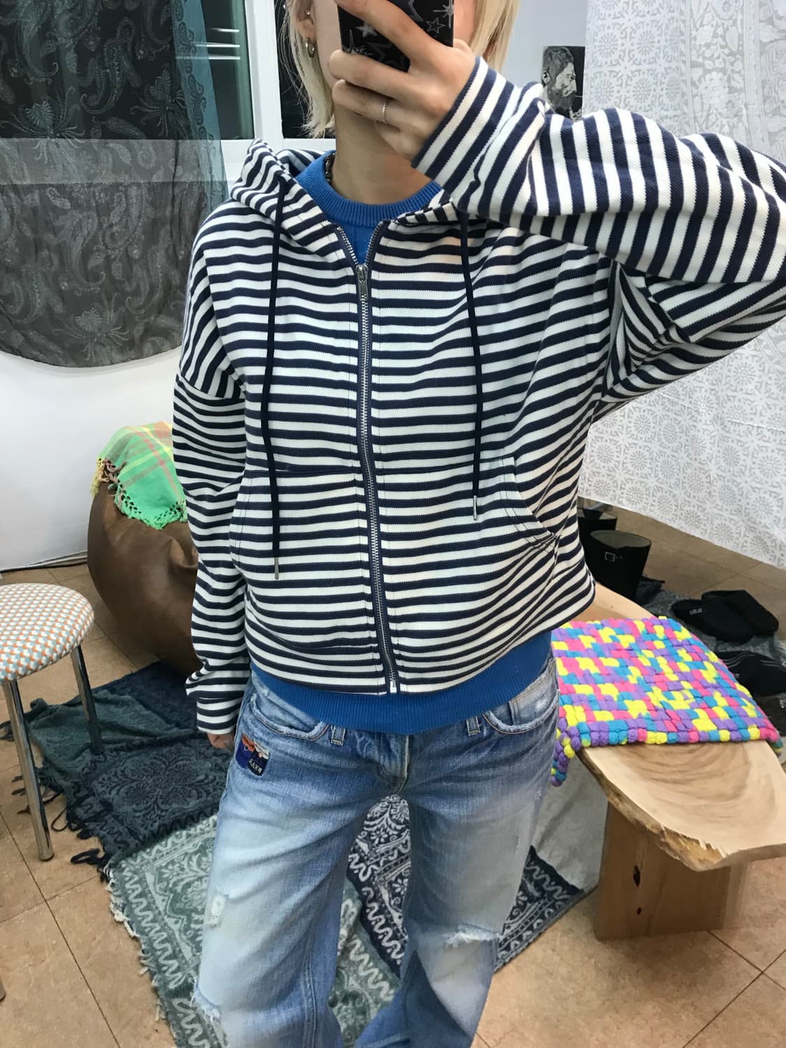 빈티지 여성 크롭 스트라이프 후드집업  상품이미지2