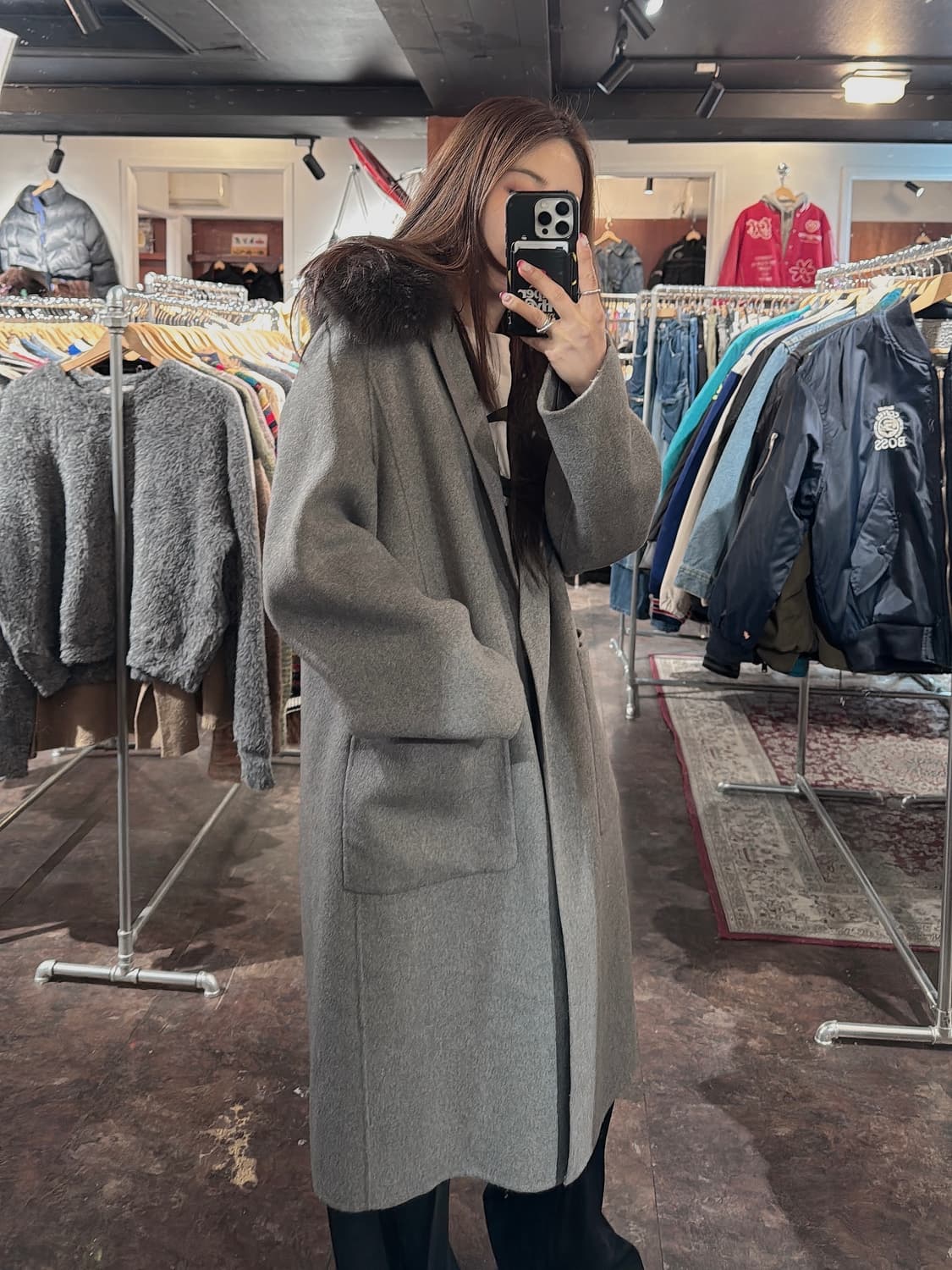 g-cut 지컷 포켓 리얼 폭스퍼 울 그레이 롱 코트 S 상품이미지8