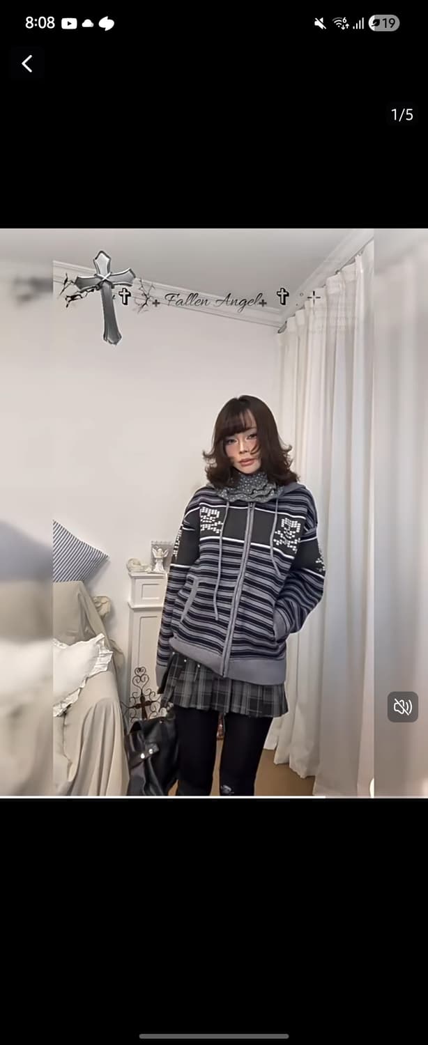 빈티지 갸루 해골 스트라이프 니트 후드집업 상품이미지4